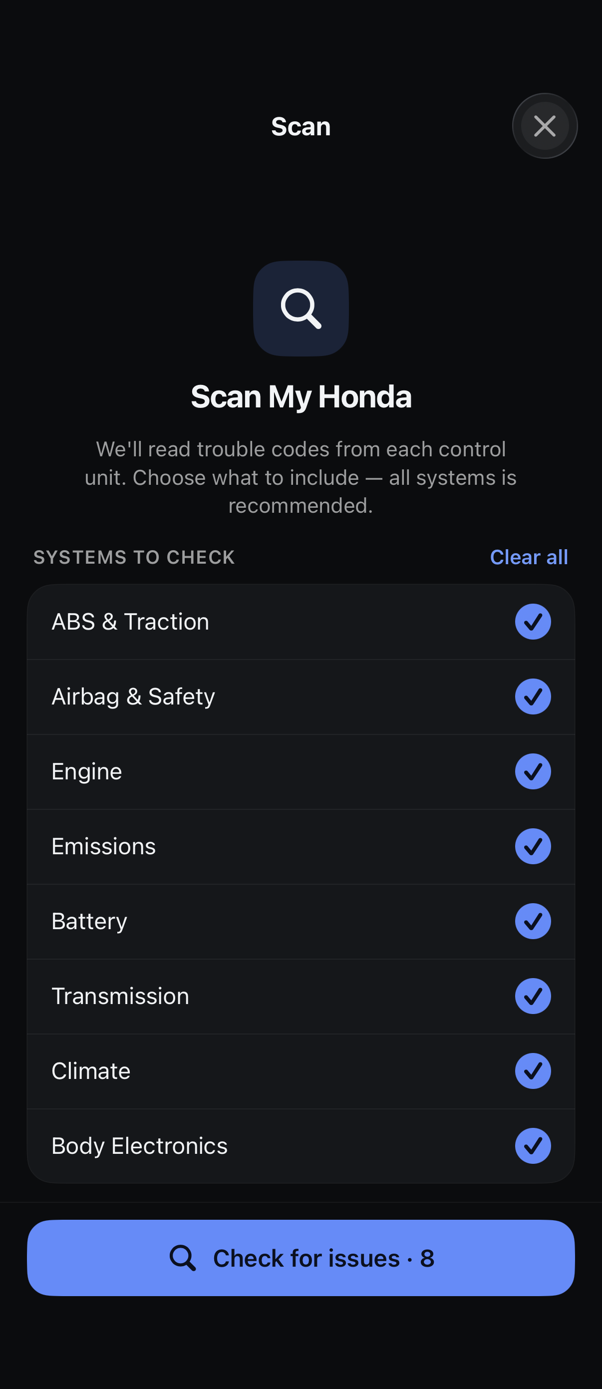 Scan setup choosing which vehicle systems to check
